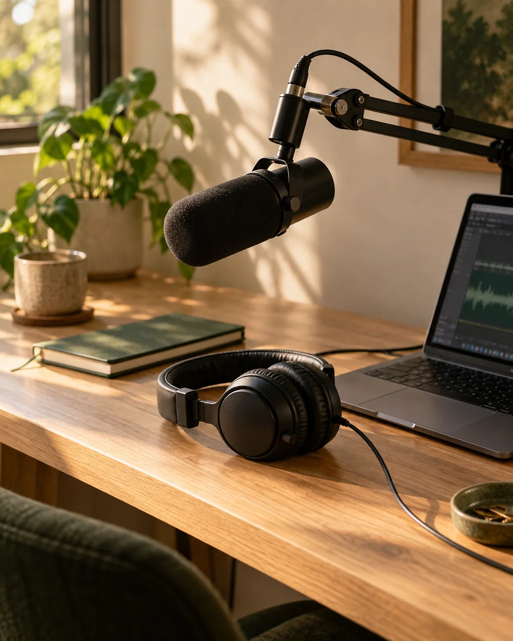 A simple home podcasting desk with a microphone, headphones and a laptop in soft natural light